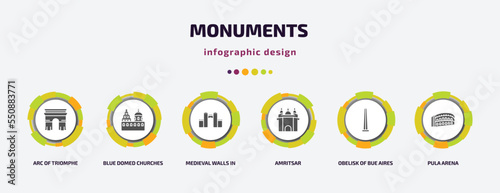 monuments infographic element with filled icons and 6 step or option. monuments icons such as arc of triomphe, blue domed churches, medieval walls in avila, amritsar, obelisk of bue aires, pula