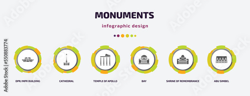 monuments infographic element with filled icons and 6 step or option. monuments icons such as dpr/mpr building, cathedral, temple of apollo, bay, shrine of remembrance, abu simbel vector. can be