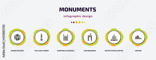 monuments infographic element with filled icons and 6 step or option. monuments icons such as kaaba building, the clock tower, chartres cathedral, ejer baunehoj, united states capitol, canyon