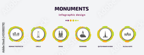 monuments infographic element with filled icons and 6 step or option. monuments icons such as roman theatre of merida, circle, spain, denmark, qutb minar in new delhi, alcala gate vector. can be