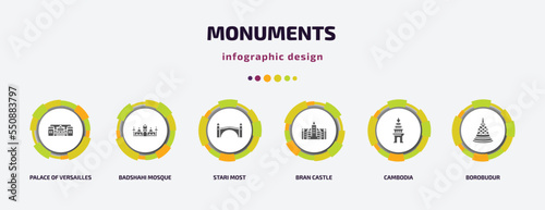 monuments infographic element with filled icons and 6 step or option. monuments icons such as palace of versailles, badshahi mosque, stari most, bran castle, cambodia, borobudur vector. can be used