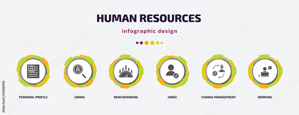 human resources infographic element with filled icons and 6 step or option. human resources icons such as personal profile, hiring, benchmarking, hired, change management, working vector. can be human resources infographic element with filled icons and 6 step or option. human resources icons such as personal profile, hiring, benchmarking, hired, change management, working vector. can be