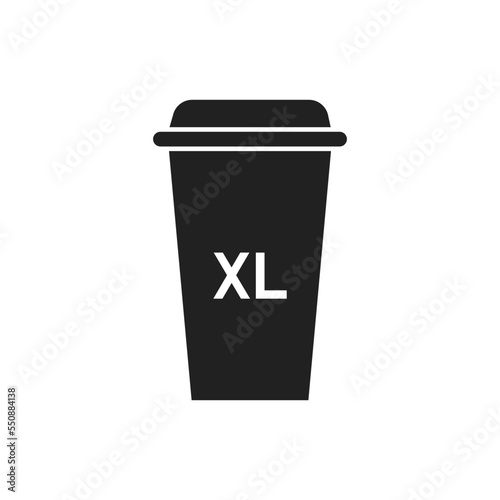 Coffee, cup size black icon. Paper, cafe design logo. Latte,  xl, mockup sign in vector flat style