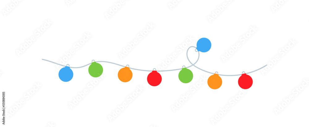 Christmas color light. Xmas colorful garland. Holiday bulb string. Christmas tree ball in vector flat style.