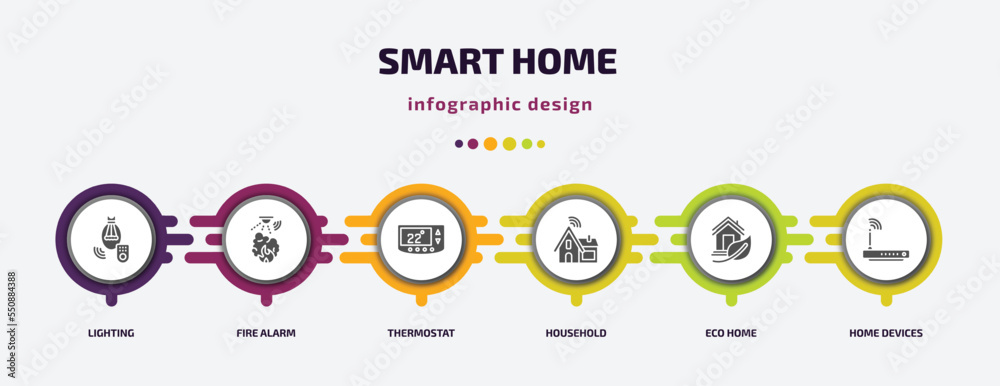 smart home infographic element with filled icons and 6 step or option. smart home icons such as lighting, fire alarm, thermostat, household, eco home, devices vector. can be used for banner, info smart home infographic element with filled icons and 6 step or option. smart home icons such as lighting, fire alarm, thermostat, household, eco home, devices vector. can be used for banner, info