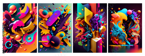 Set of modern multicolored geometric shapes patterns  colorful abstract background  minimalist 3d digital AI illustration
