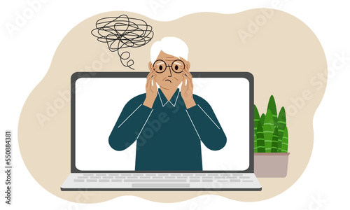 Online consultation with a psychologist. Laptop with a grandfather with confused thoughts. Psychotherapeutic practice, psychiatric consultation.