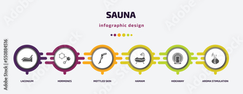 sauna infographic element with filled icons and 6 step or option. sauna icons such as laconium, hormones, mottled skin, hamam, hideaway, aroma stimulation vector. can be used for banner, info graph,