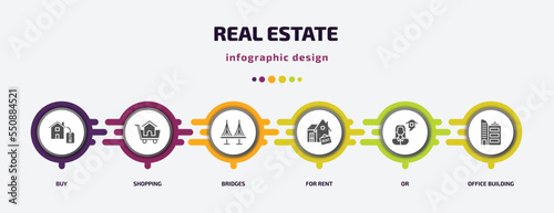 real estate infographic element with filled icons and 6 step or option. real estate icons such as buy, shopping, bridges, for rent, or, office building vector. can be used for banner, info graph,