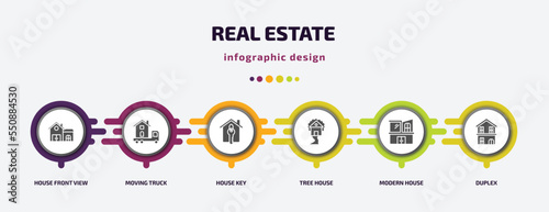 real estate infographic element with filled icons and 6 step or option. real estate icons such as house front view, moving truck, house key, tree house, modern duplex vector. can be used for banner,