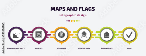 maps and flags infographic element with filled icons and 6 step or option. maps and flags icons such as rock landslide safety, mine site, no luggage, location mark, smoking place, mark vector. can