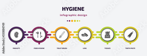 hygiene infographic element with filled icons and 6 step or option. hygiene icons such as parasite, food hygiene, toilet brush, lens, tissues, tooth paste vector. can be used for banner, info graph,