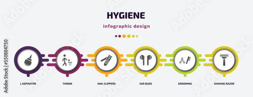 hygiene infographic element with filled icons and 6 step or option. hygiene icons such as l aspirator, throw, nail clippers, ear buds, grooming, shaving razor vector. can be used for banner, info