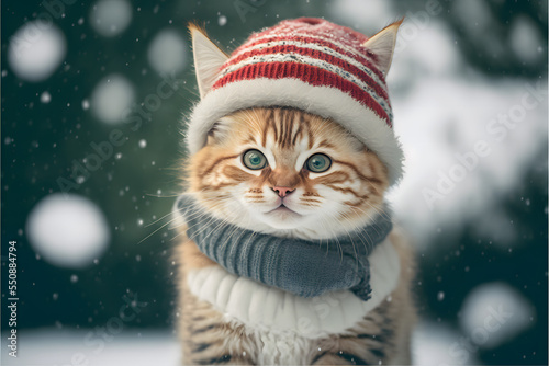 kitten in santa claus cap in the snow, snowy christmas © Demencial Studies