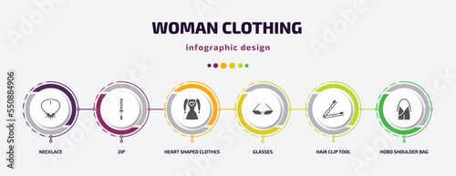 woman clothing infographic element with filled icons and 6 step or option. woman clothing icons such as necklace, zip, heart shaped clothes, glasses, hair clip tool, hobo shoulder bag vector. can be