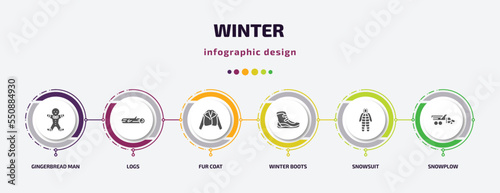 winter infographic element with filled icons and 6 step or option. winter icons such as gingerbread man, logs, fur coat, winter boots, snowsuit, snowplow vector. can be used for banner, info graph,