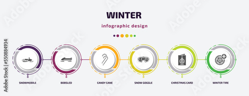 winter infographic element with filled icons and 6 step or option. winter icons such as snowmobile, bobsled, candy cane, snow goggle, christmas card, winter tire vector. can be used for banner, info