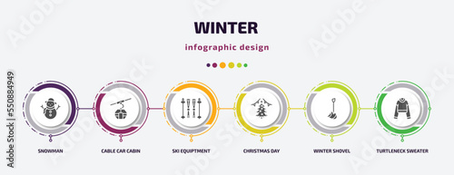 winter infographic element with filled icons and 6 step or option. winter icons such as snowman, cable car cabin, ski equiptment, christmas day, winter shovel, turtleneck sweater vector. can be used