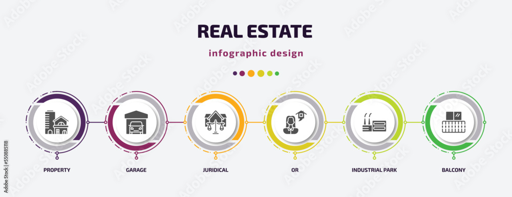real estate infographic element with filled icons and 6 step or option. real estate icons such as property, garage, juridical, or, industrial park, balcony vector. can be used for banner, info real estate infographic element with filled icons and 6 step or option. real estate icons such as property, garage, juridical, or, industrial park, balcony vector. can be used for banner, info