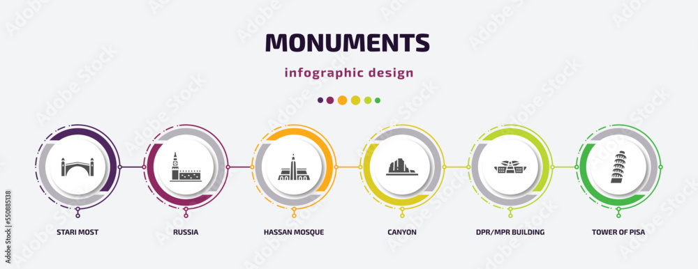 monuments infographic element with filled icons and 6 step or option. monuments icons such as stari most, russia, hassan mosque, canyon, dpr/mpr building, tower of pisa vector. can be used for