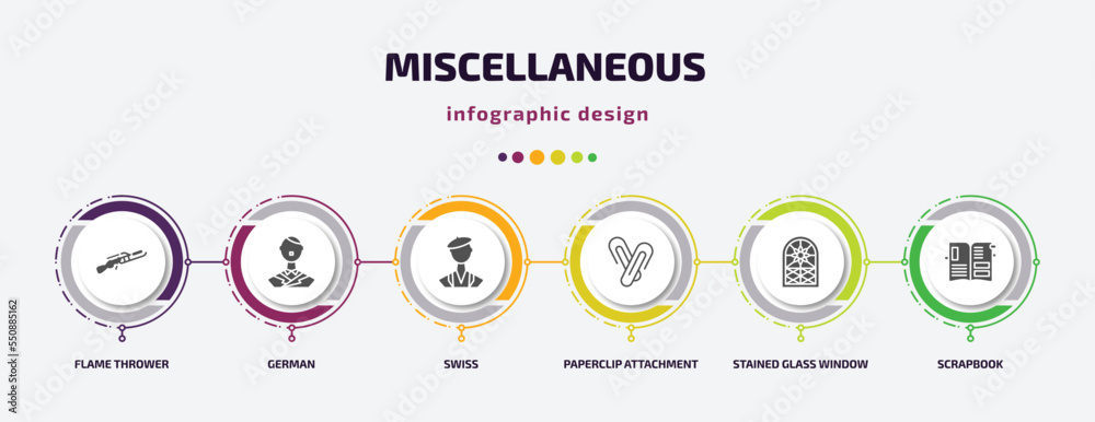 miscellaneous infographic element with filled icons and 6 step or option. miscellaneous icons such as flame thrower, german, swiss, paperclip attachment, stained glass window, scrapbook vector. can miscellaneous infographic element with filled icons and 6 step or option. miscellaneous icons such as flame thrower, german, swiss, paperclip attachment, stained glass window, scrapbook vector. can
