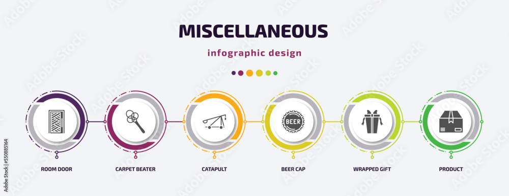 miscellaneous infographic element with filled icons and 6 step or option. miscellaneous icons such as room door, carpet beater, catapult, beer cap, wrapped gift, product vector. can be used for miscellaneous infographic element with filled icons and 6 step or option. miscellaneous icons such as room door, carpet beater, catapult, beer cap, wrapped gift, product vector. can be used for