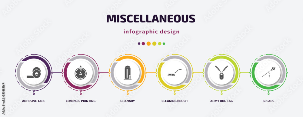 miscellaneous infographic element with filled icons and 6 step or option. miscellaneous icons such as adhesive tape, compass pointing north, granary, cleaning brush, army dog tag, spears vector. can miscellaneous infographic element with filled icons and 6 step or option. miscellaneous icons such as adhesive tape, compass pointing north, granary, cleaning brush, army dog tag, spears vector. can