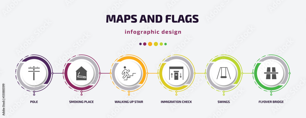 maps and flags infographic element with filled icons and 6 step or option. maps and flags icons such as pole, smoking place, walking up stair, inmigration check point, swings, flyover bridge vector.