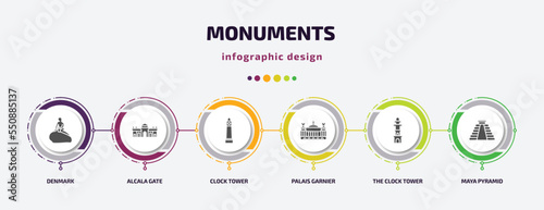 monuments infographic element with filled icons and 6 step or option. monuments icons such as denmark, alcala gate, clock tower, palais garnier, the clock tower, maya pyramid vector. can be used for
