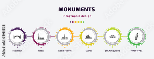 monuments infographic element with filled icons and 6 step or option. monuments icons such as stari most, russia, hassan mosque, canyon, dpr/mpr building, tower of pisa vector. can be used for