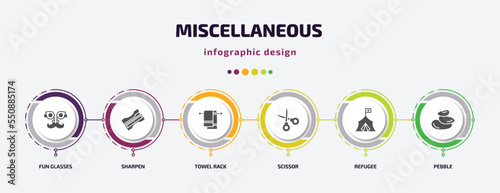 miscellaneous infographic element with filled icons and 6 step or option. miscellaneous icons such as fun glasses, sharpen, towel rack, scissor, refugee, pebble vector. can be used for banner, info