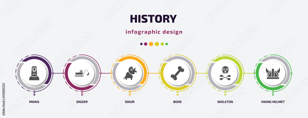 history infographic element with filled icons and 6 step or option. history icons such as moais, digger, diaur, bone, skeleton, viking helmet vector. can be used for banner, info graph, web.