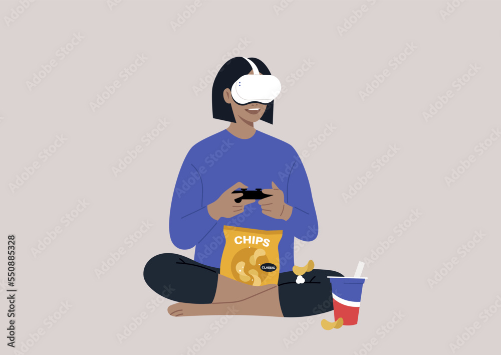 A young female character wearing a VR headset, playing a video game console, and munching snacks, a wireless entertainment technology, modern lifestyle