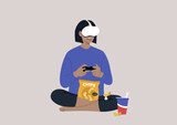 A young female character wearing a VR headset, playing a video game console, and munching snacks, a wireless entertainment technology, modern lifestyle