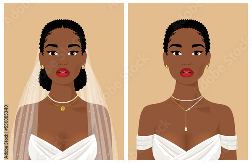 Beautiful bride with long and short hair, with veil option full face portrait. Afro American sexy girl wearing trendy necklace, perl choker and golden earrings. Vector cartoon illustration.