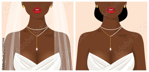 Afro woman wearing wedding jewelry abstract portrait. Decolette of American African girl vector cartoon illustration. Clip art of bride model. 