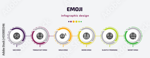 emoji infographic element with filled icons and 6 step or option. emoji icons such as sad emoji, tongue out ninja weird slightly frowning secret vector. can be used for banner, info graph, web.