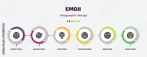 emoji infographic element with filled icons and 6 step or option. emoji icons such as suspect emoji, monocle vomit exhausted bored tongue vector. can be used for banner, info graph, web.