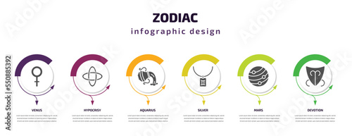 zodiac infographic element with filled icons and 6 step or option. zodiac icons such as venus, hypocrisy, aquarius, silver, mars, devotion vector. can be used for banner, info graph, web.