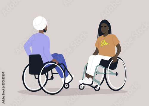 Two wheelchair users casually chatting, daily routine