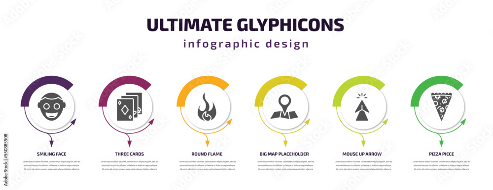 ultimate glyphicons infographic element with filled icons and 6 step or option. ultimate glyphicons icons such as smiling face, three cards, round flame, big map placeholder, mouse up arrow, pizza