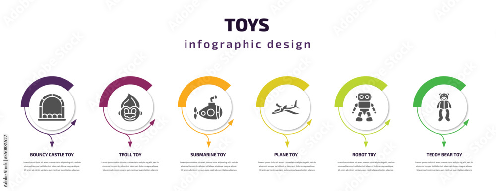 toys infographic element with filled icons and 6 step or option. toys icons such as bouncy castle toy, troll toy, submarine toy, plane robot teddy bear vector. can be used for banner, info graph, toys infographic element with filled icons and 6 step or option. toys icons such as bouncy castle toy, troll toy, submarine toy, plane robot teddy bear vector. can be used for banner, info graph,