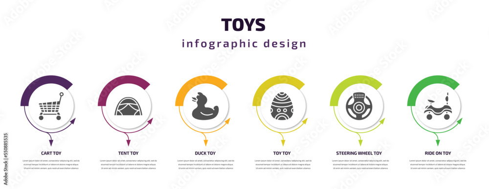 toys infographic element with filled icons and 6 step or option. toys icons such as cart toy, tent toy, duck toy, steering wheel ride on vector. can be used for banner, info graph, web.