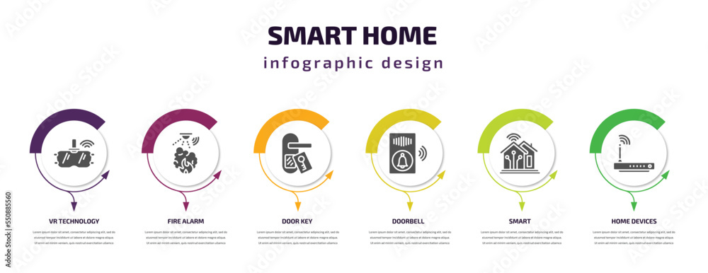 smart home infographic element with filled icons and 6 step or option. smart home icons such as vr technology, fire alarm, door key, doorbell, smart, home devices vector. can be used for banner,