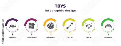 toys infographic element with filled icons and 6 step or option. toys icons such as ladybug toy, thinking game toy, beach ball toy, puppy pram keyboard vector. can be used for banner, info graph,