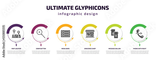 ultimate glyphicons infographic element with filled icons and 6 step or option. ultimate glyphicons icons such as map locator, zoom button, menu bars, groceries shop, message ballon, phone with