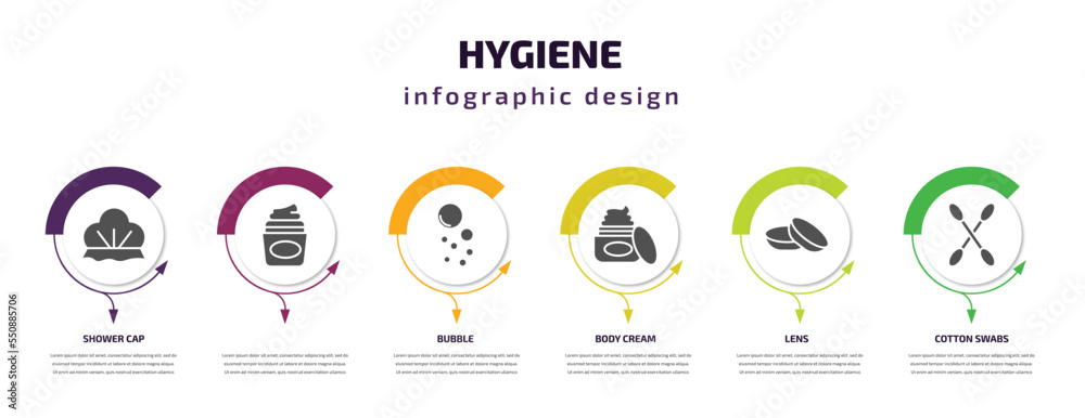 hygiene infographic element with filled icons and 6 step or option. hygiene icons such as shower cap, , bubble, body cream, lens, cotton swabs vector. can be used for banner, info graph, web. hygiene infographic element with filled icons and 6 step or option. hygiene icons such as shower cap, , bubble, body cream, lens, cotton swabs vector. can be used for banner, info graph, web.