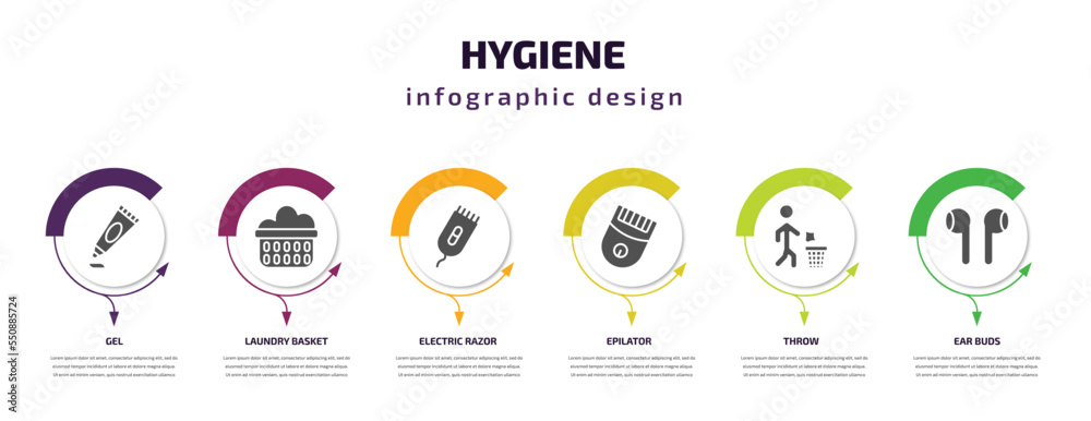 hygiene infographic element with filled icons and 6 step or option. hygiene icons such as gel, laundry basket, electric razor, epilator, throw, ear buds vector. can be used for banner, info graph,