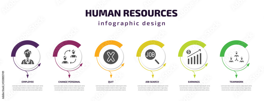 human resources infographic element with filled icons and 6 step or option. human resources icons such as employee, change personal, quit, job search, earnings, teamwork vector. can be used for