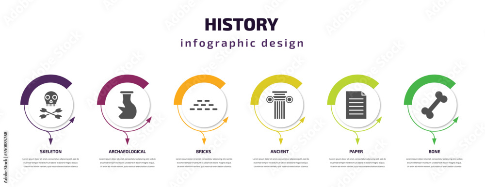Fototapeta premium history infographic element with filled icons and 6 step or option. history icons such as skeleton, archaeological, bricks, ancient, paper, bone vector. can be used for banner, info graph, web.